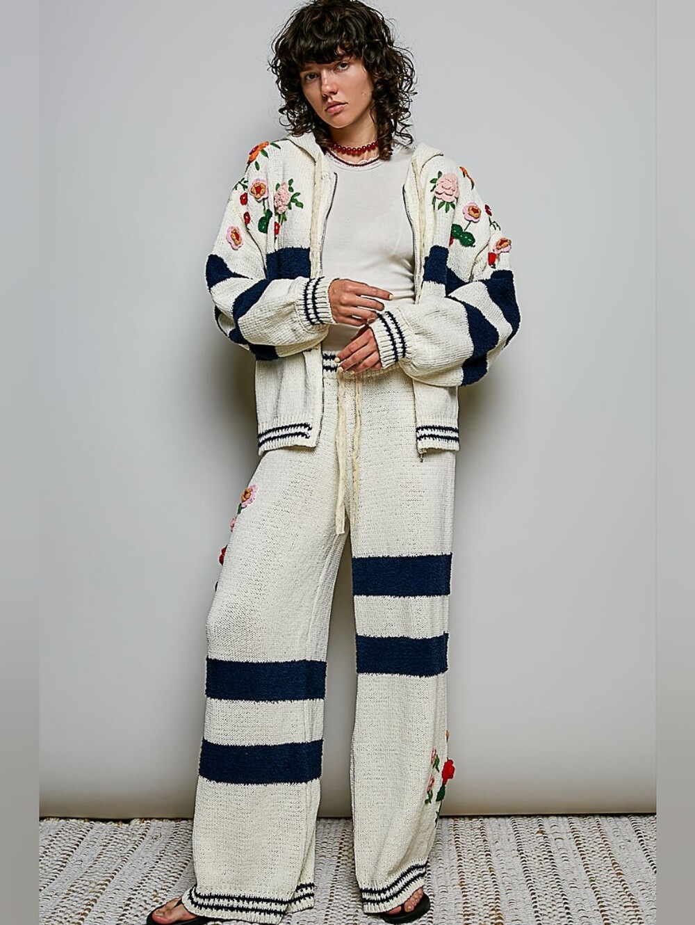 POL Chenille Navy Stripped 3D Embroidered Hoodie & Jogger Set - Picture 3 of 16